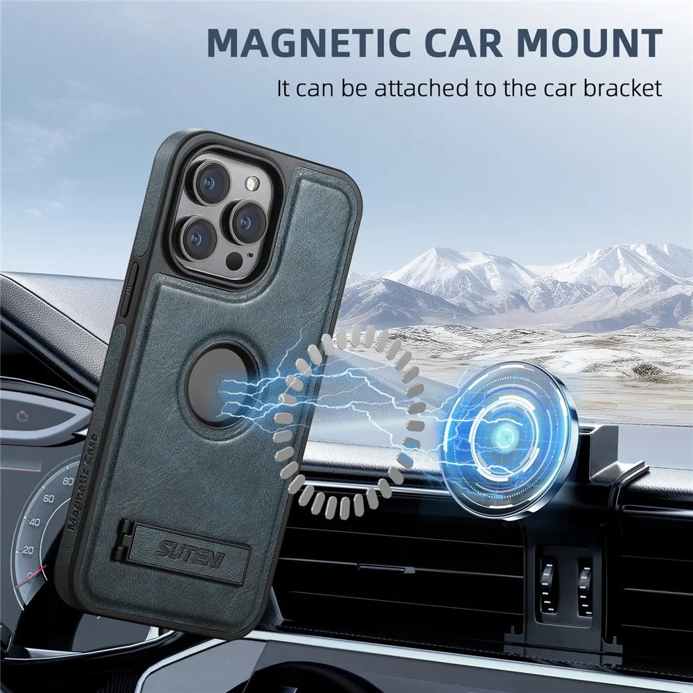 SUTENI G2 For iPhone 13 Pro Max Case Waxy Texture Leather Magnetic Back Cover Kickstand - Blue - 3