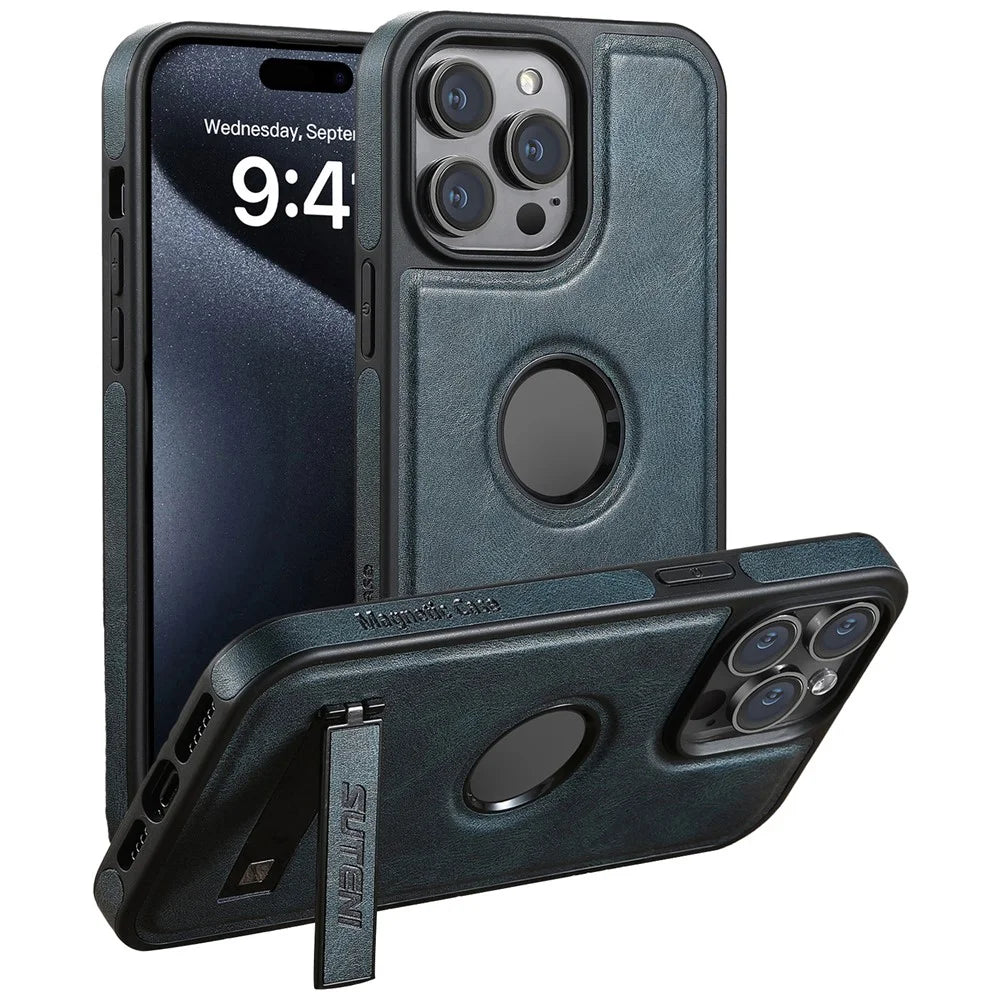 SUTENI G2 For iPhone 14 Pro Max Magnetic Case Waxy Texture Kickstand PU+TPU Phone Cover - Black - 1