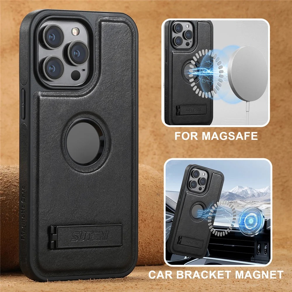 SUTENI G2 For iPhone 15 Pro Max Magnetic Case Waxy Texture Leather + TPU Phone Cover - Black - 5
