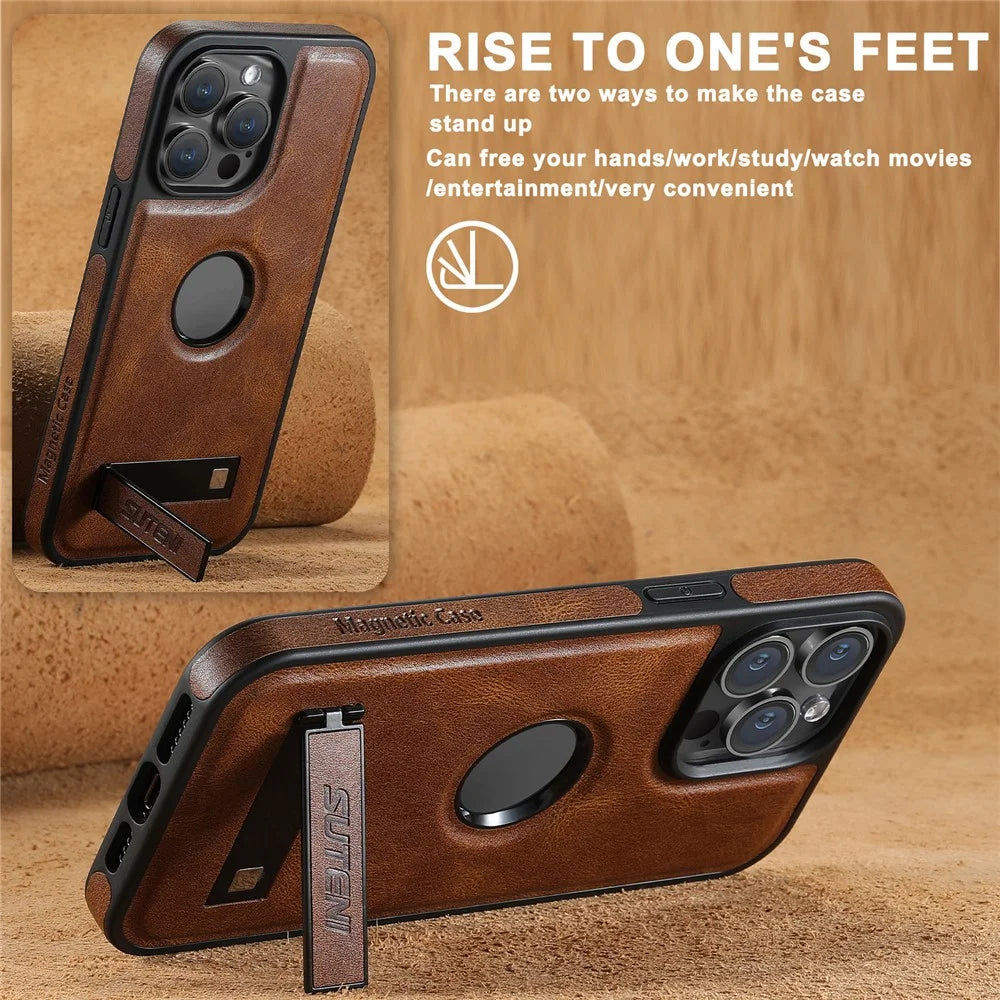 SUTENI G2 For iPhone 13 Pro Magnetic Case Leather Phone Back Cover Waxy Texture Invisible Kickstand - Brown - 2