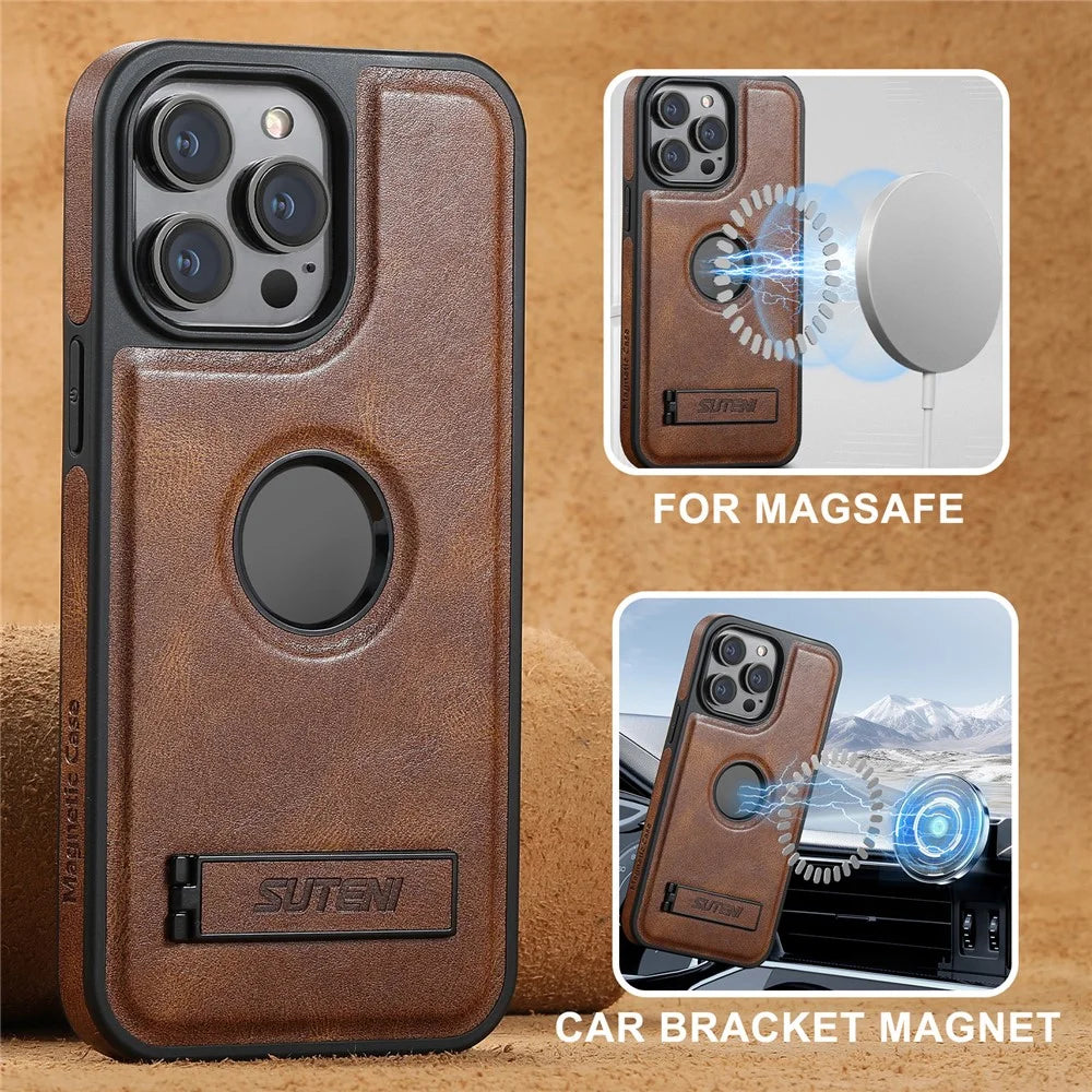 SUTENI G2 For iPhone 13 Pro Magnetic Case Leather Phone Back Cover Waxy Texture Invisible Kickstand - Brown - 5