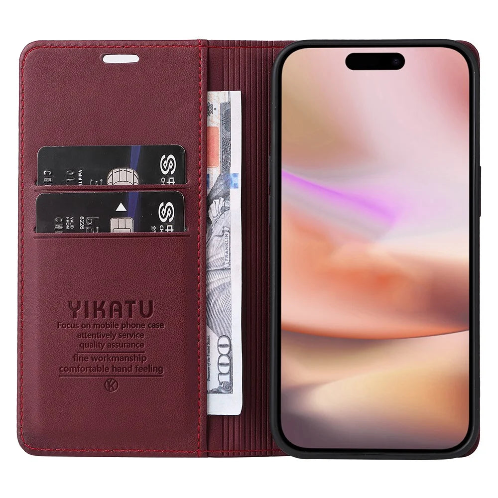 YIKATU YK-001 For iPhone 16 Plus Case Magnetic Closing Leather Phone Cover - Wine Red - 2