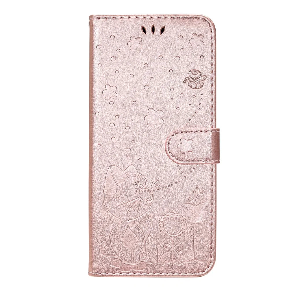 For iPhone 17e / 16e Leather Case Cat Bee Pattern Phone Cover Wallet Stand with Strap - Rose Gold - 6