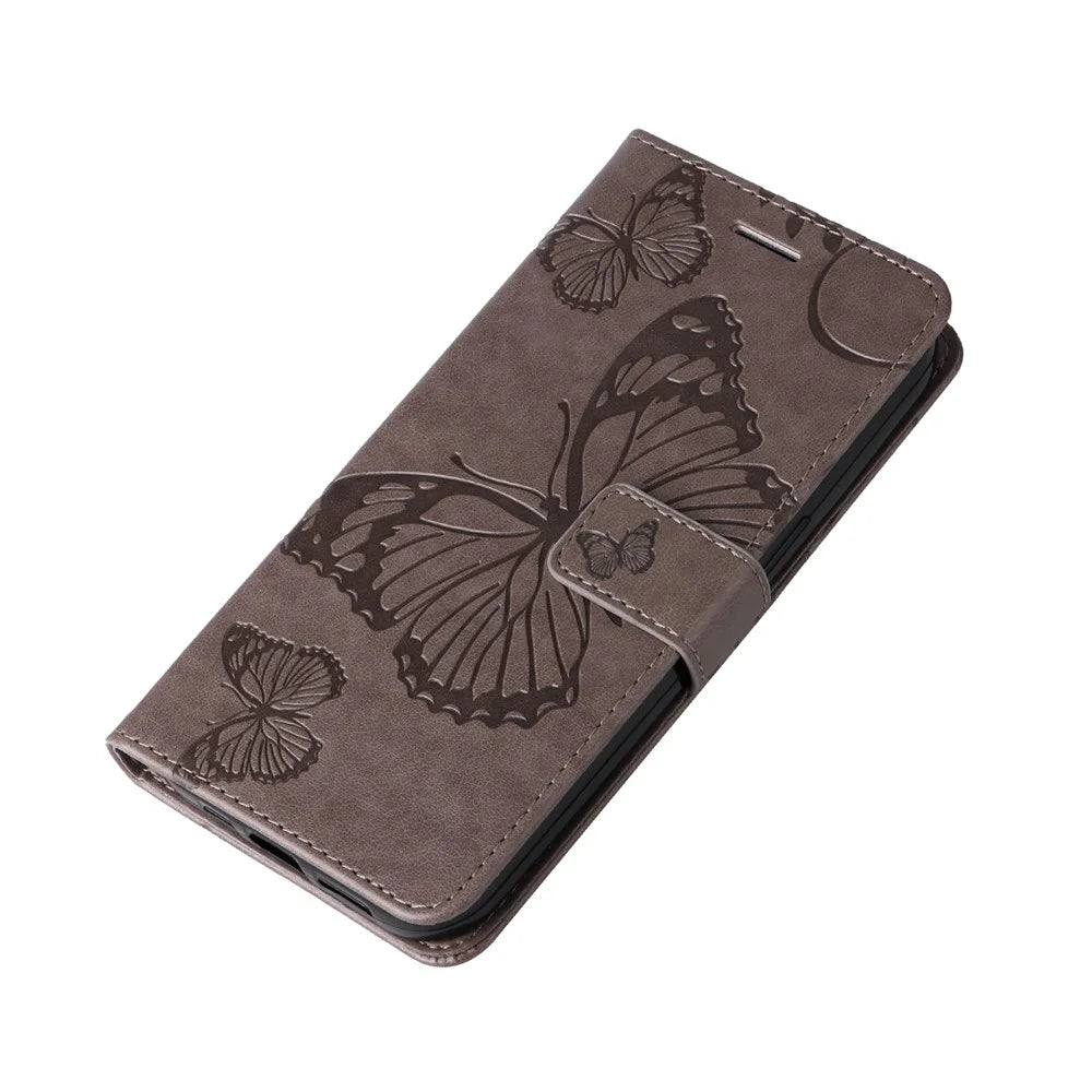 For iPhone 17e / 16e Wallet Case Floral Butterfly Imprinted Leather Phone Cover Stand - Grey - 5