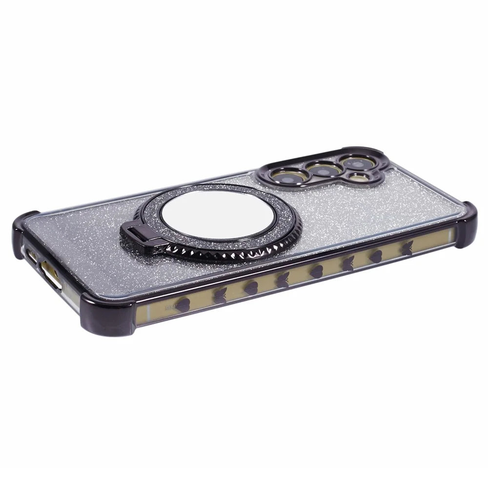 For Samsung Galaxy S24 Case TPU Glitter Phone Cover with Kickstand and Mirror - Black - 6