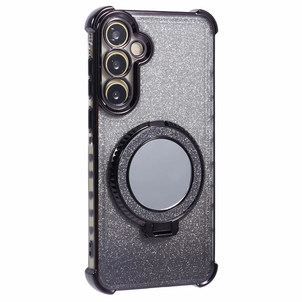 For Samsung Galaxy S24+ Case TPU Glitter Phone Cover with Kickstand and Mirror - Black - 3