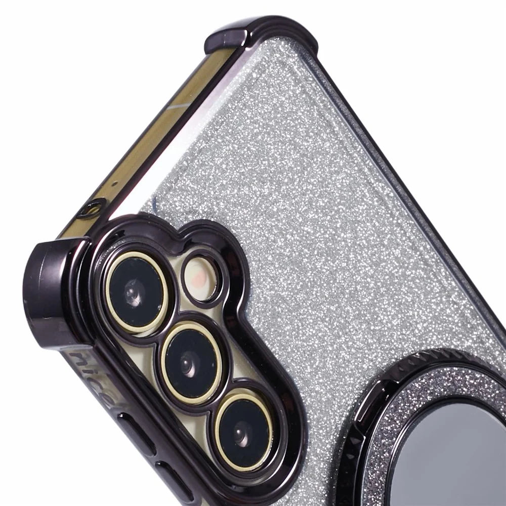 For Samsung Galaxy S24+ Case TPU Glitter Phone Cover with Kickstand and Mirror - Black - 7