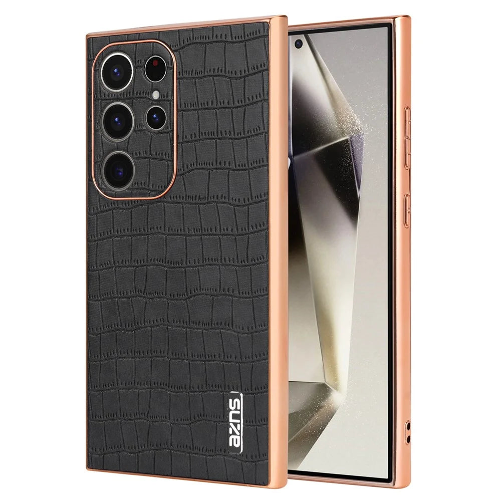 AZNS For Samsung Galaxy S22 Ultra 5G Case Crocodile Pattern Electroplated Leather+TPU Phone Case - Black - 1
