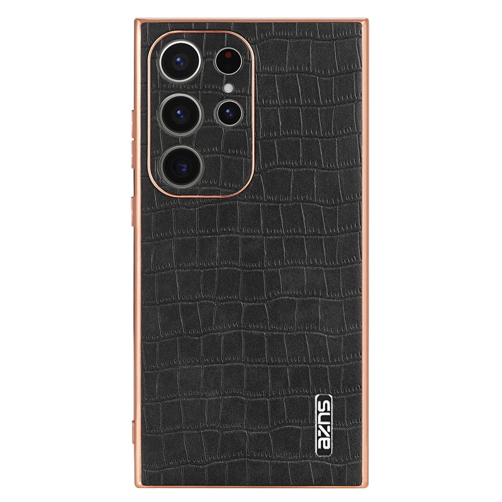 AZNS For Samsung Galaxy S22 Ultra 5G Case Crocodile Pattern Electroplated Leather+TPU Phone Case - Black - 2