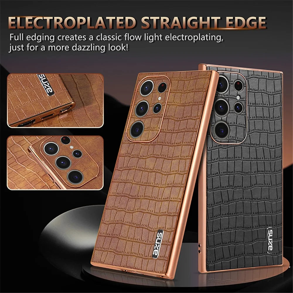 AZNS For Samsung Galaxy S22 Ultra 5G Case Crocodile Pattern Electroplated Leather+TPU Phone Case - Black - 4