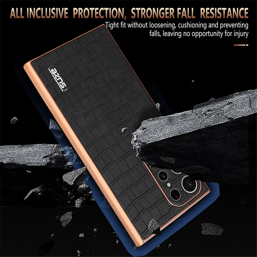 AZNS For Samsung Galaxy S22 Ultra 5G Case Crocodile Pattern Electroplated Leather+TPU Phone Case - Black - 5