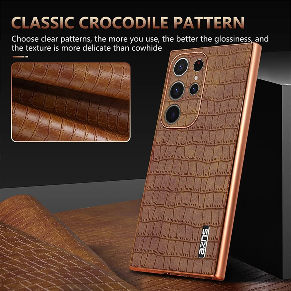 AZNS For Samsung Galaxy S22 Ultra 5G Case Crocodile Pattern Electroplated Leather+TPU Phone Case - Black - 6