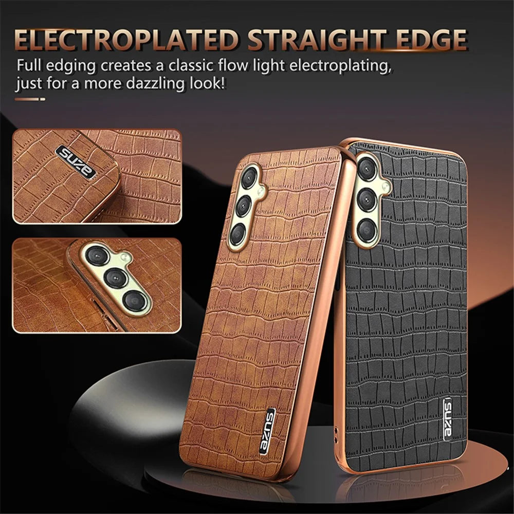 AZNS For Samsung Galaxy A15 4G / A15 5G Electroplating Case Crocodile Texture PU+TPU Phone Cover - Black - 4