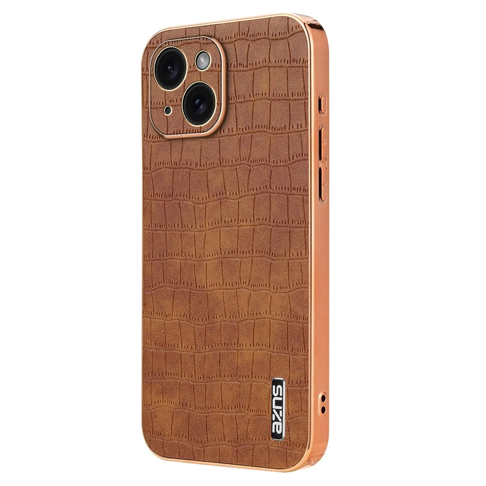 AZNS For iPhone 15 Plus Case Electroplating Frame Leather Back Cover Crocodile Pattern - Brown - 2