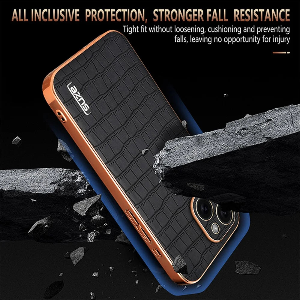 AZNS For iPhone 15 Plus Case Electroplating Frame Leather Back Cover Crocodile Pattern - Brown - 4