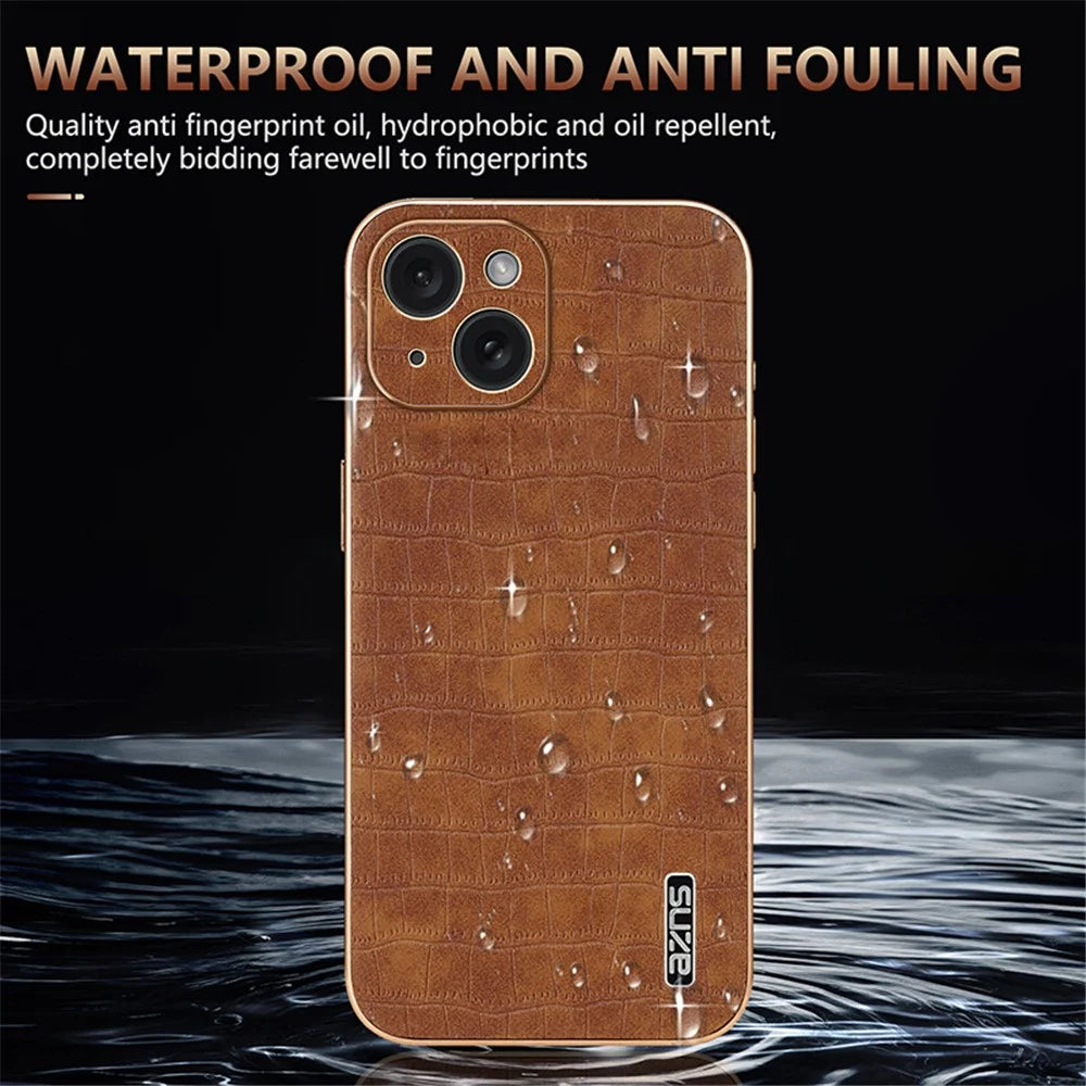 AZNS For iPhone 15 Plus Case Electroplating Frame Leather Back Cover Crocodile Pattern - Brown - 7