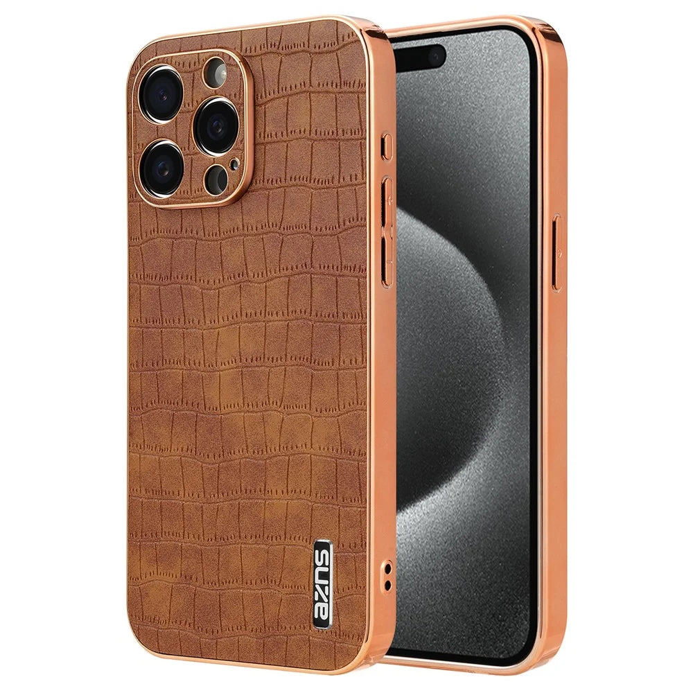 AZNS For iPhone 15 Pro Case Crocodile Texture Leather+TPU Phone Cover Electroplating Edge - Brown - 1