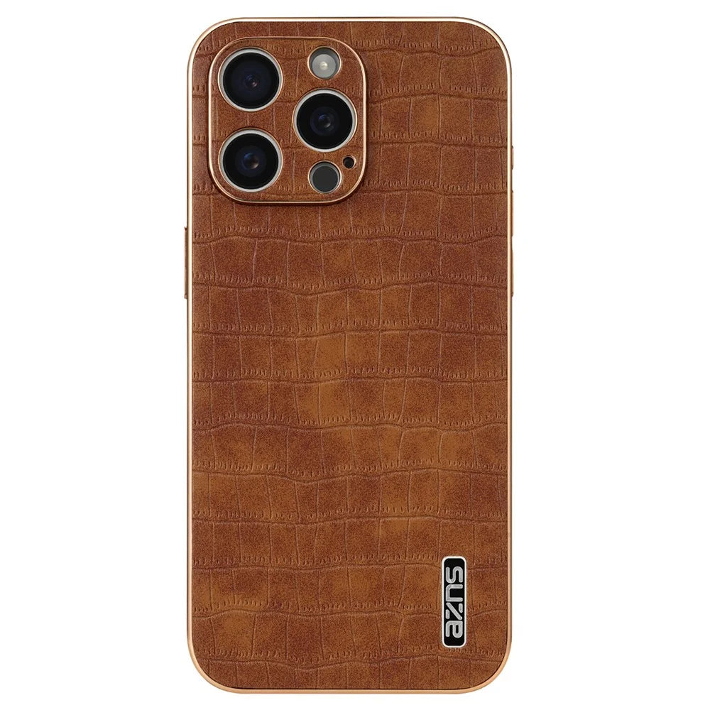 AZNS For iPhone 15 Pro Max Shockproof Case Crocodile Texture PU+TPU Slim Phone Cover - Brown - 3