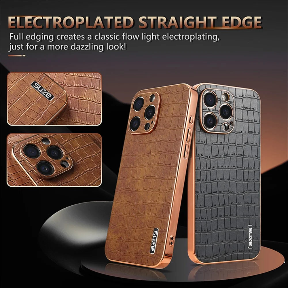 AZNS For iPhone 15 Pro Max Shockproof Case Crocodile Texture PU+TPU Slim Phone Cover - Brown - 4