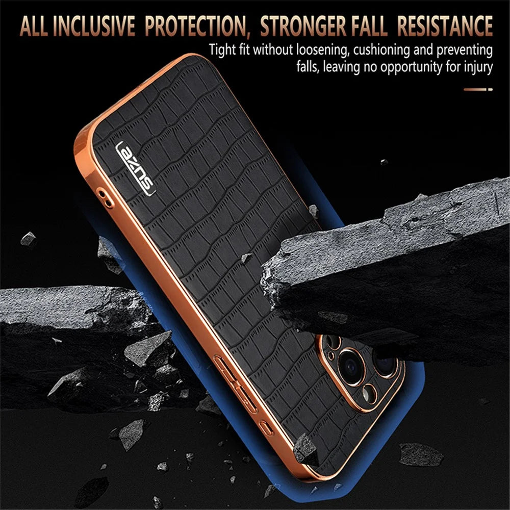 AZNS For iPhone 15 Pro Max Shockproof Case Crocodile Texture PU+TPU Slim Phone Cover - Brown - 5
