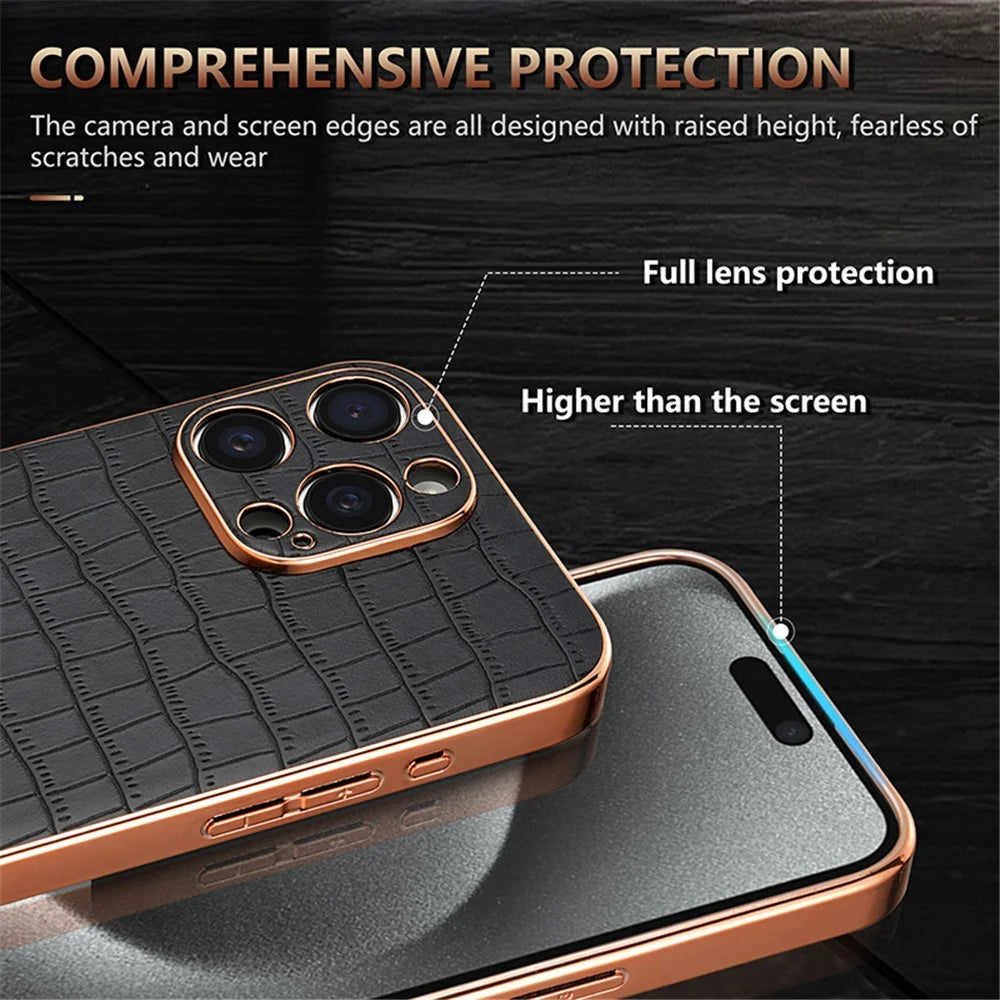 AZNS For iPhone 15 Pro Max Shockproof Case Crocodile Texture PU+TPU Slim Phone Cover - Brown - 7
