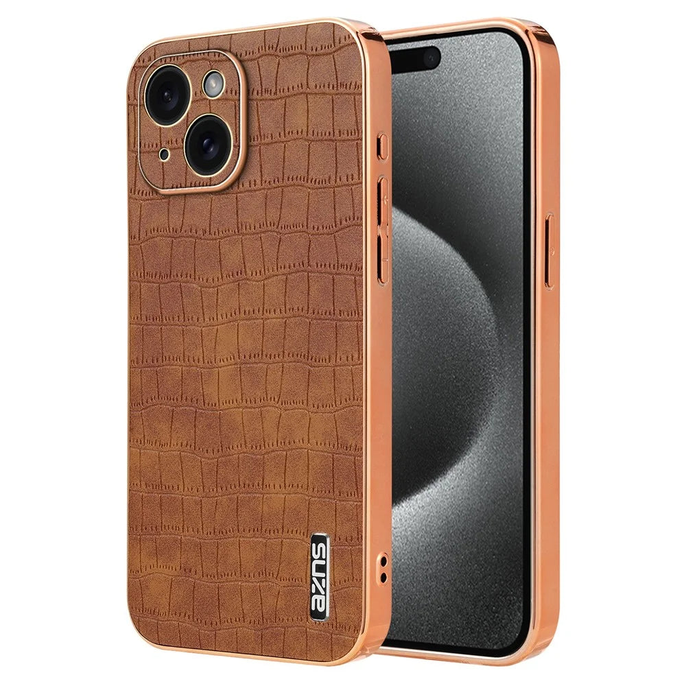 AZNS For iPhone 15 Case Crocodile Texture Drop-Proof Leather Coated TPU Phone Cover - Brown - 1