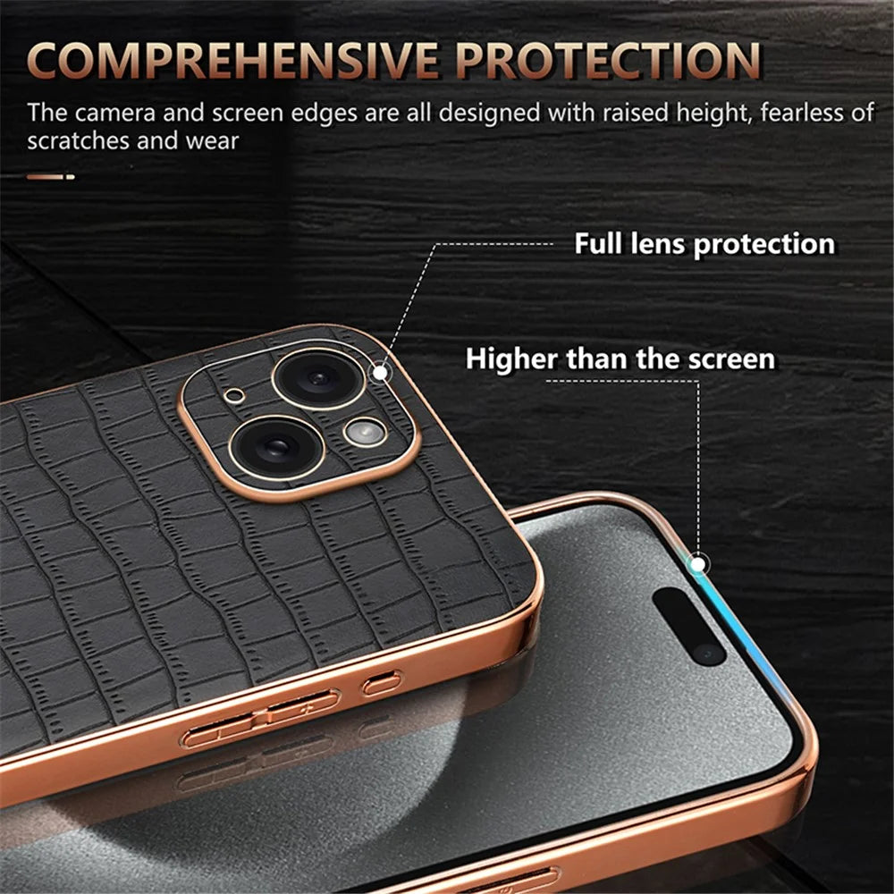 AZNS For iPhone 15 Case Crocodile Texture Drop-Proof Leather Coated TPU Phone Cover - Brown - 6