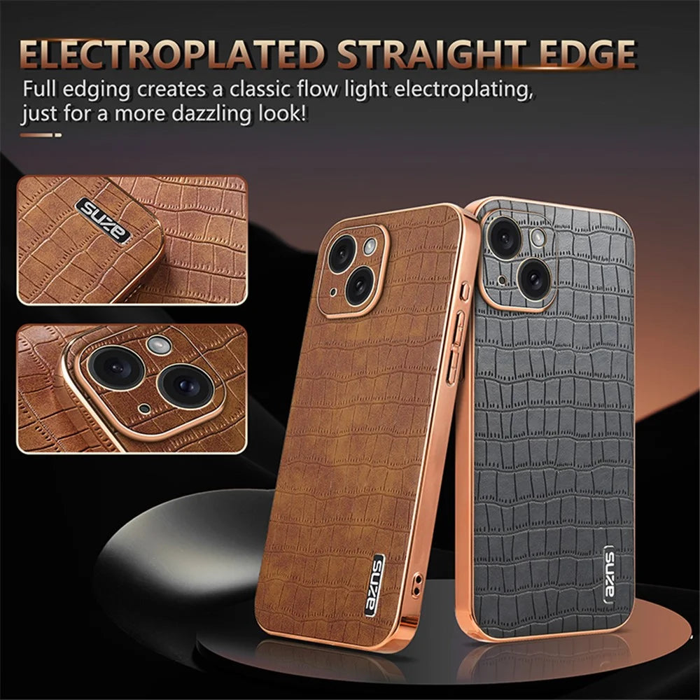AZNS For iPhone 14 Plus Case Crocodile Texture PU+TPU Shockproof Phone Cover - Black - 4