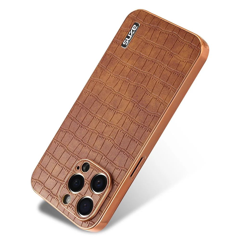 AZNS For iPhone 14 Pro Case Anti-Drop Crocodile Texture Leather+TPU Phone Cover - Brown - 2