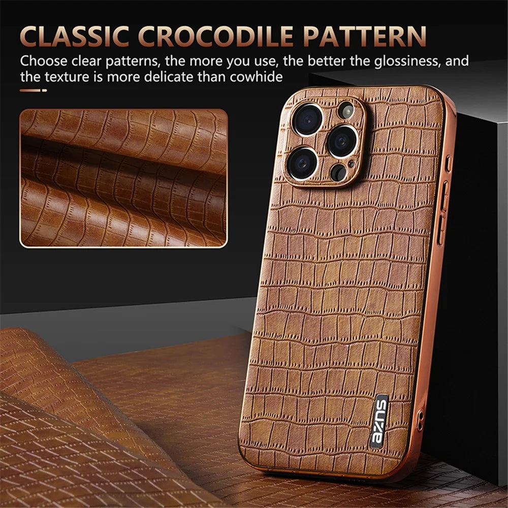 AZNS For iPhone 14 Pro Case Anti-Drop Crocodile Texture Leather+TPU Phone Cover - Brown - 6