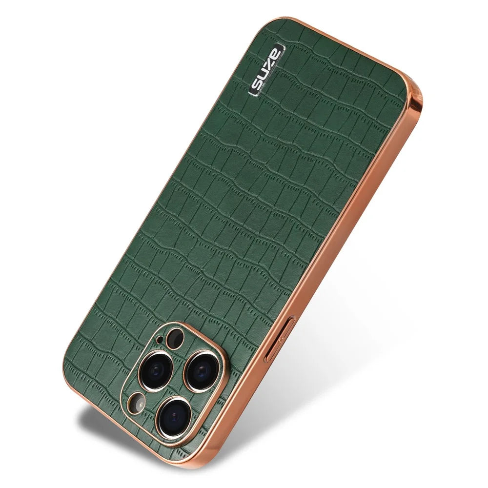 AZNS For iPhone 14 Pro Max Case Crocodile Texture Leather+TPU Anti-Scratch Phone Cover - Green - 2