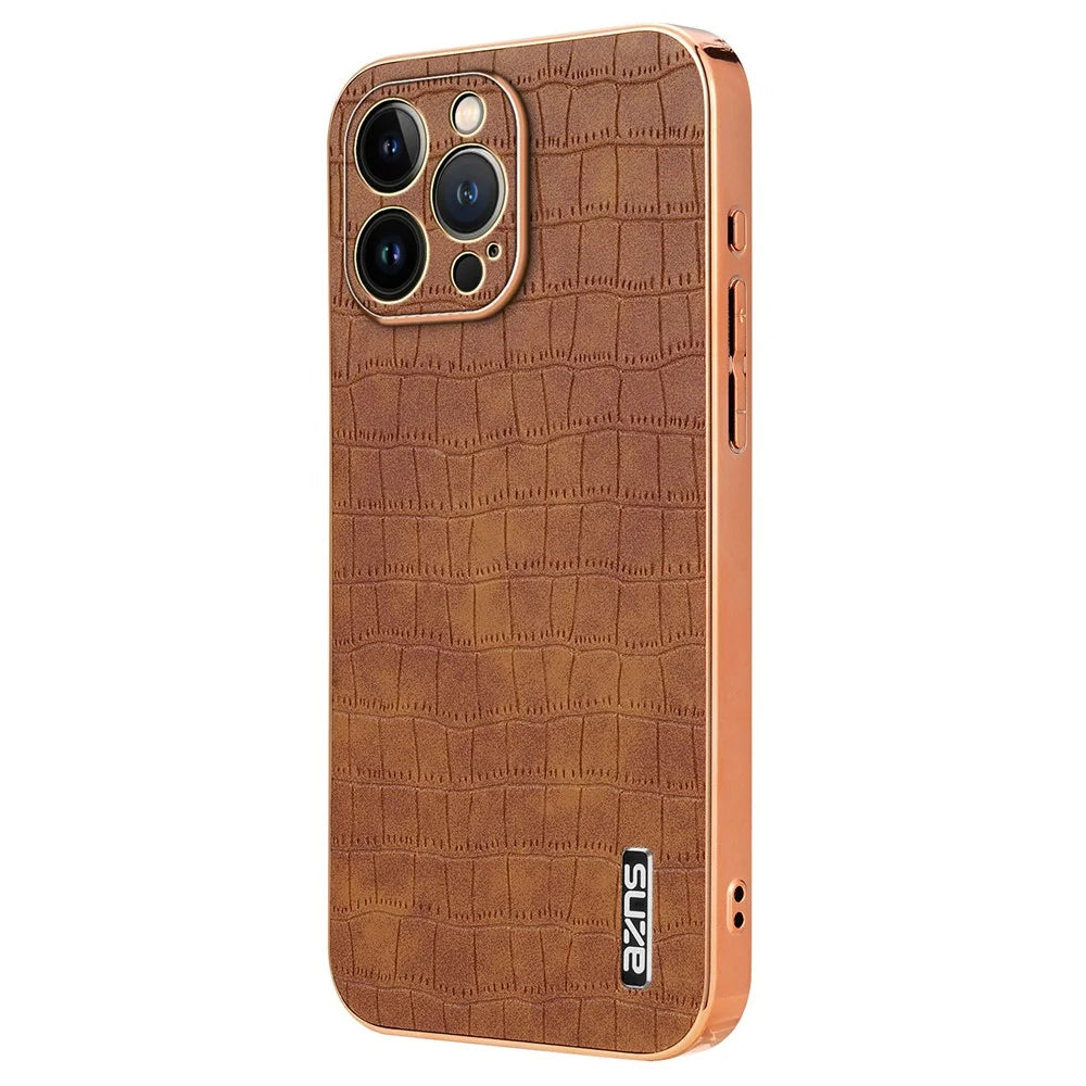 AZNS For iPhone 13 Pro Max Case Crocodile Texture Electroplating PU+TPU Phone Cover - Brown - 1
