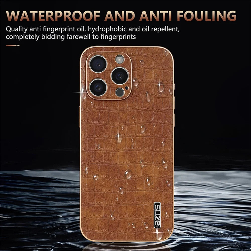 AZNS For iPhone 13 Pro Max Case Crocodile Texture Electroplating PU+TPU Phone Cover - Brown - 7