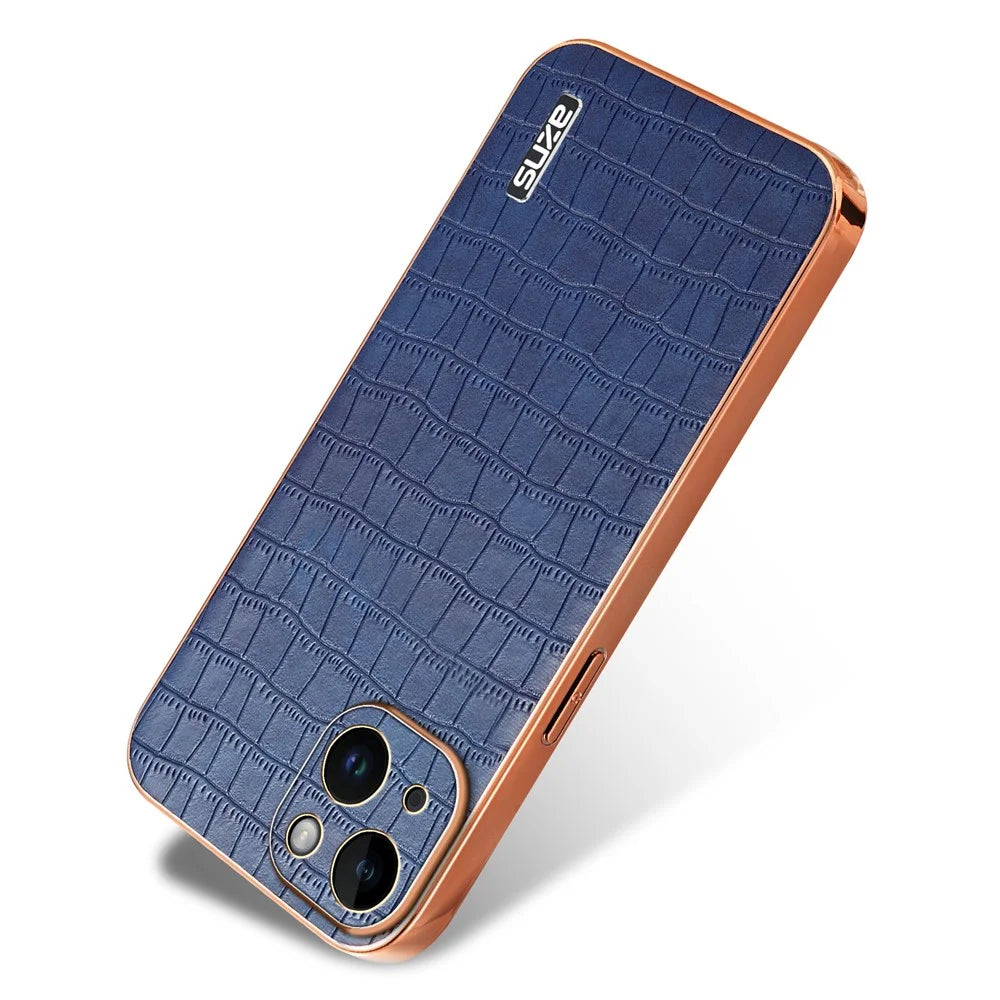 AZNS For iPhone 13 Case Crocodile Texture Design Leather + TPU  Phone Cover - Blue - 2