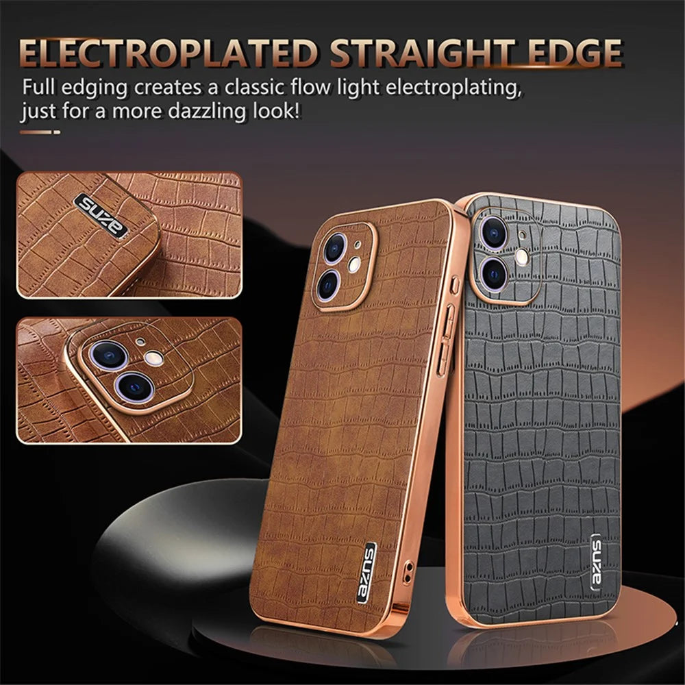 AZNS For iPhone 12 Case Crocodile Texture PU+TPU Shockproof Phone Cover - Brown - 4