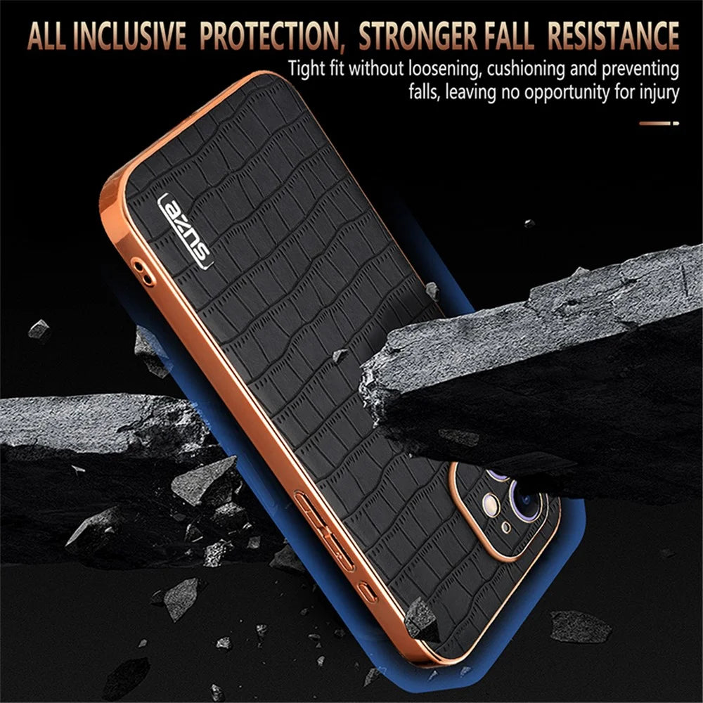 AZNS For iPhone 12 Case Crocodile Texture PU+TPU Shockproof Phone Cover - Brown - 5