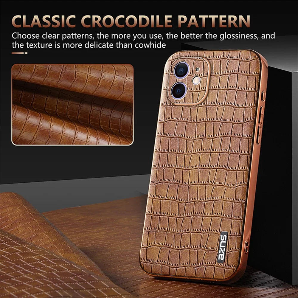 AZNS For iPhone 12 Case Crocodile Texture PU+TPU Shockproof Phone Cover - Brown - 6