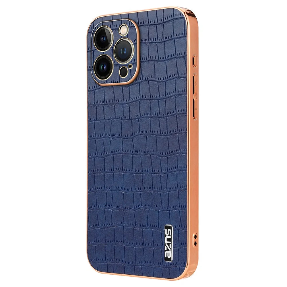 AZNS For iPhone 12 Pro Max Case Crocodile Texture Electroplating Leather Coated TPU Phone Cover - Blue - 1
