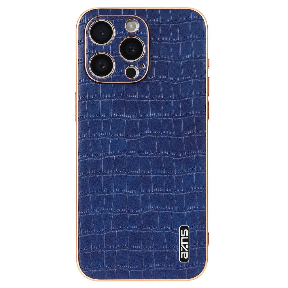 AZNS For iPhone 12 Pro Max Case Crocodile Texture Electroplating Leather Coated TPU Phone Cover - Blue - 3