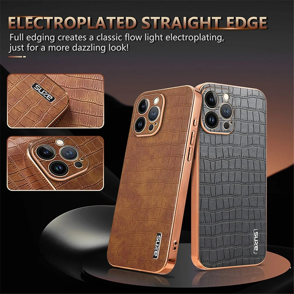 AZNS For iPhone 11 Pro Max Case Crocodile Texture PU+TPU Electroplating Phone Cover - Green - 4
