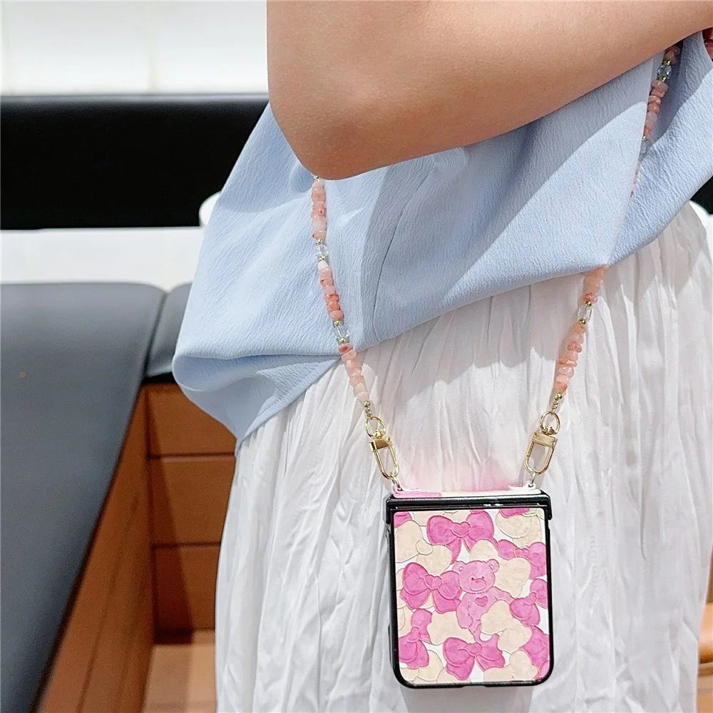 For Samsung Galaxy Z Flip5 5G Case PU Leather Coated PC Phone Cover with Jade Stones Crossbody Strap - Bear - 3