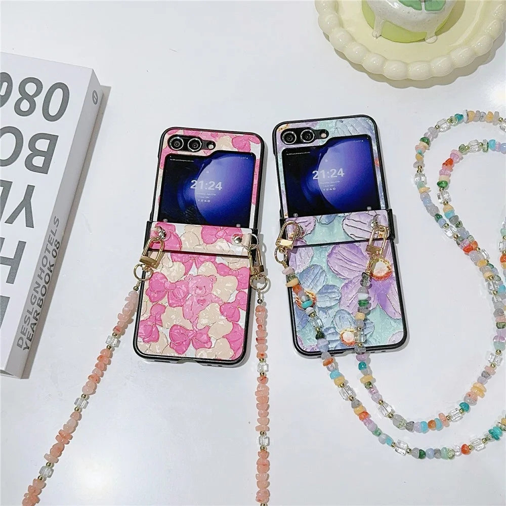 For Samsung Galaxy Z Flip5 5G Case PU Leather Coated PC Phone Cover with Jade Stones Crossbody Strap - Bear - 6