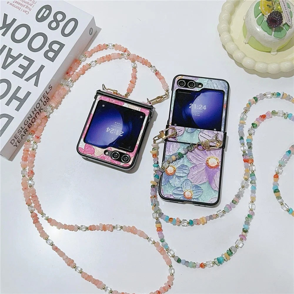 For Samsung Galaxy Z Flip5 5G Case PU Leather Coated PC Phone Cover with Jade Stones Crossbody Strap - Bear - 7