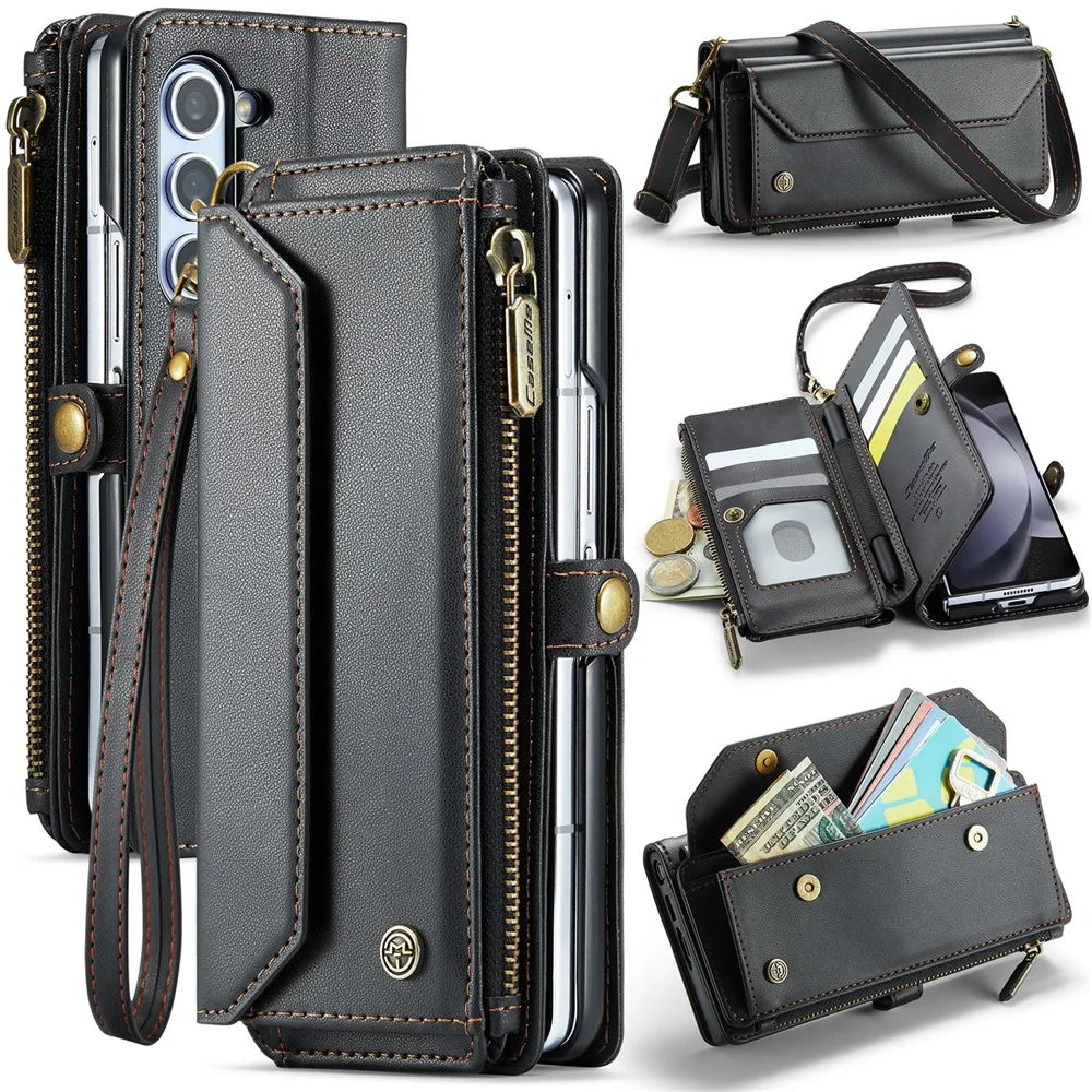 For Samsung Galaxy Z Fold5 5G Leather Case CASEME C36 Zipper Multiple Card Slots Phone Cover with Straps - Black - 1