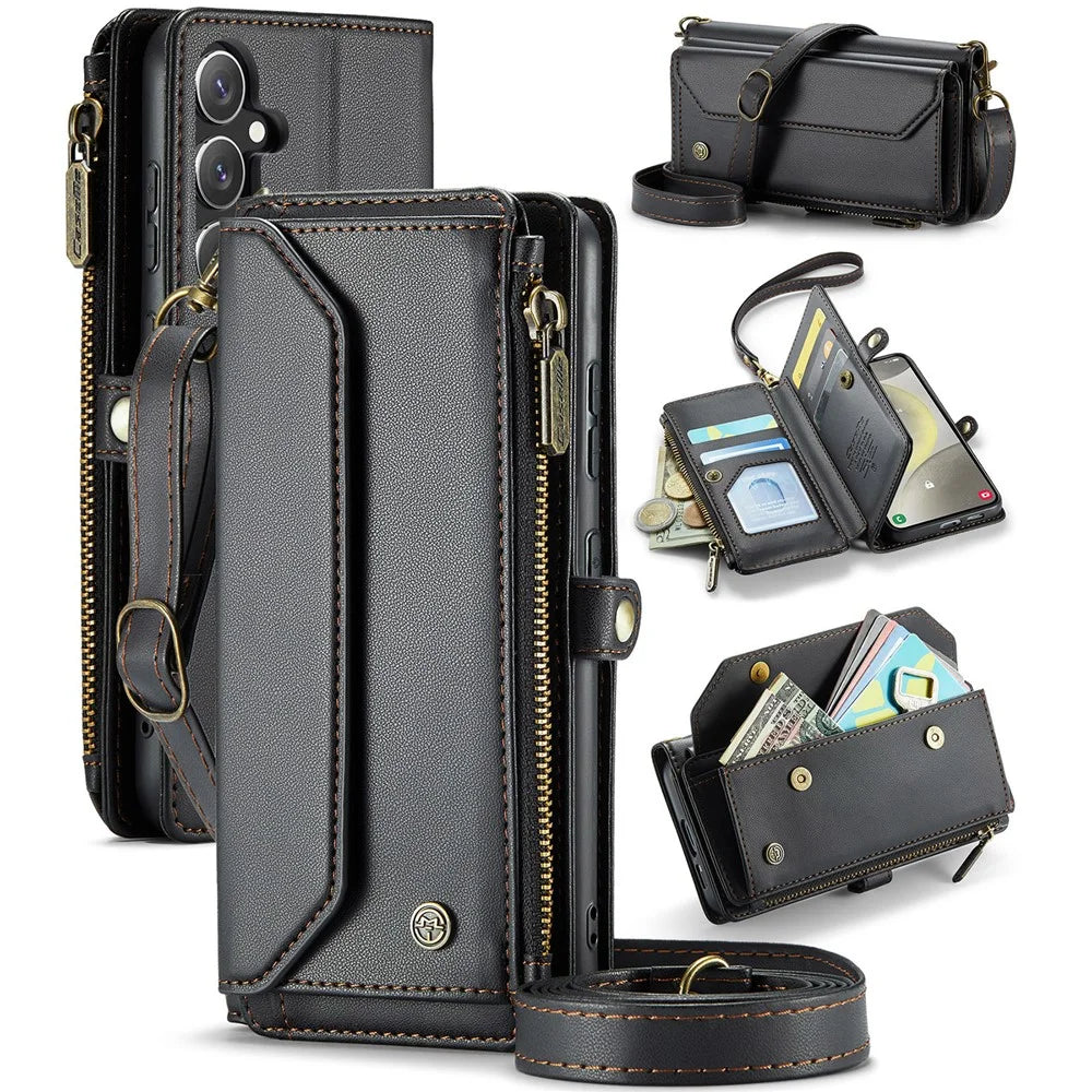 For Samsung Galaxy S24+ Leather Case CASEME C36 Zipper Multiple Card Slots Phone Cover with Straps - Black - 1