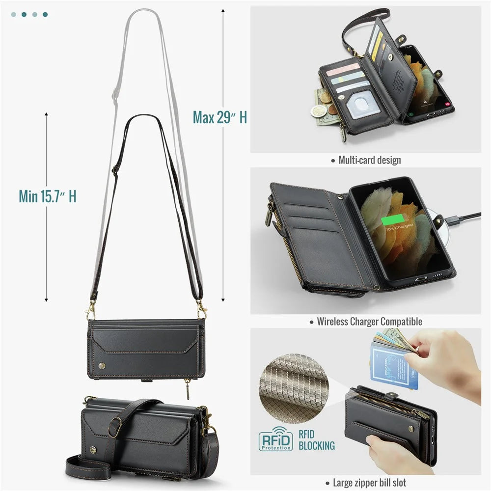 For Samsung Galaxy S21 Ultra 5G Leather Case CASEME C36 Zipper Multiple Card Slots Phone Cover with Straps - Black - 7