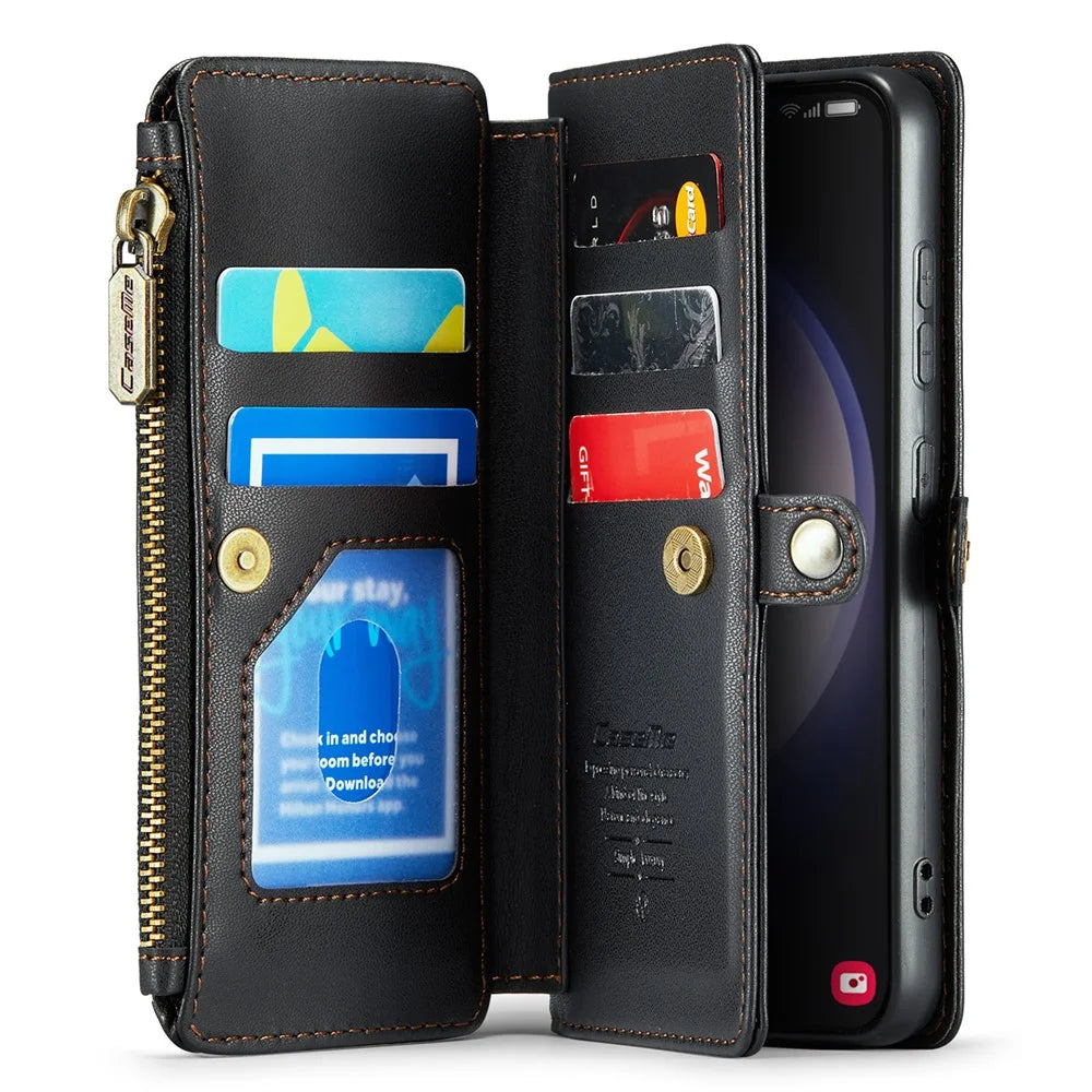 For Samsung Galaxy S23 Leather Case CASEME C36 Zipper Multiple Card Slots Phone Cover with Straps - Black - 2