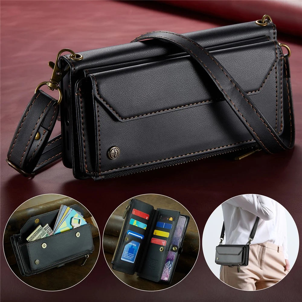 For Samsung Galaxy S20 Plus 5G / 4G Leather Case CASEME C36 Zipper Multiple Card Slots Phone Cover with Straps - Black - 5