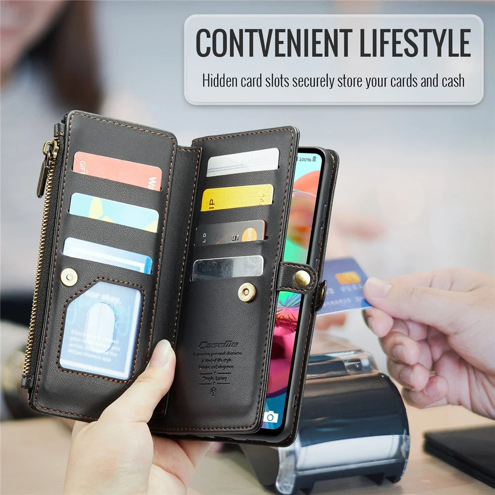 For Samsung Galaxy A71 4G SM-A715 Leather Case CASEME C36 Zipper Multiple Card Slots Phone Cover with Straps - Black - 7