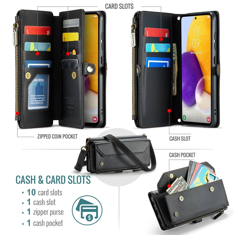 For Samsung Galaxy A72 4G Leather Case CASEME C36 Zipper Multiple Card Slots Phone Cover with Straps - Black - 4